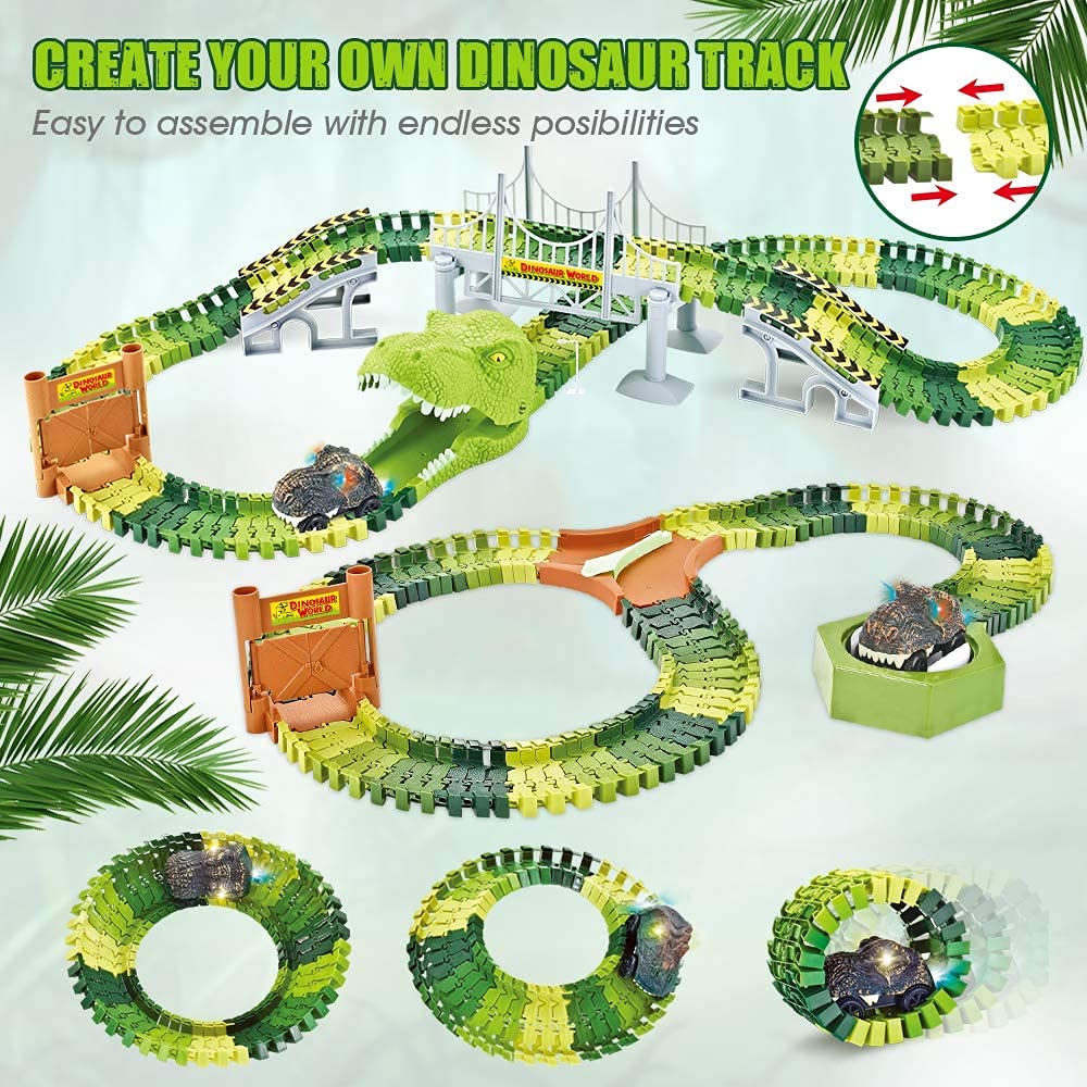 174 PCS Dinosaur Toys Race Track, Flexible Train Tracks with 8 Dinosaurs Figures, 2 Electric Race Cars Vehicle Playset with Lights to Create A Dinosaur World Road Race for Toddlers Kids Boys Girls