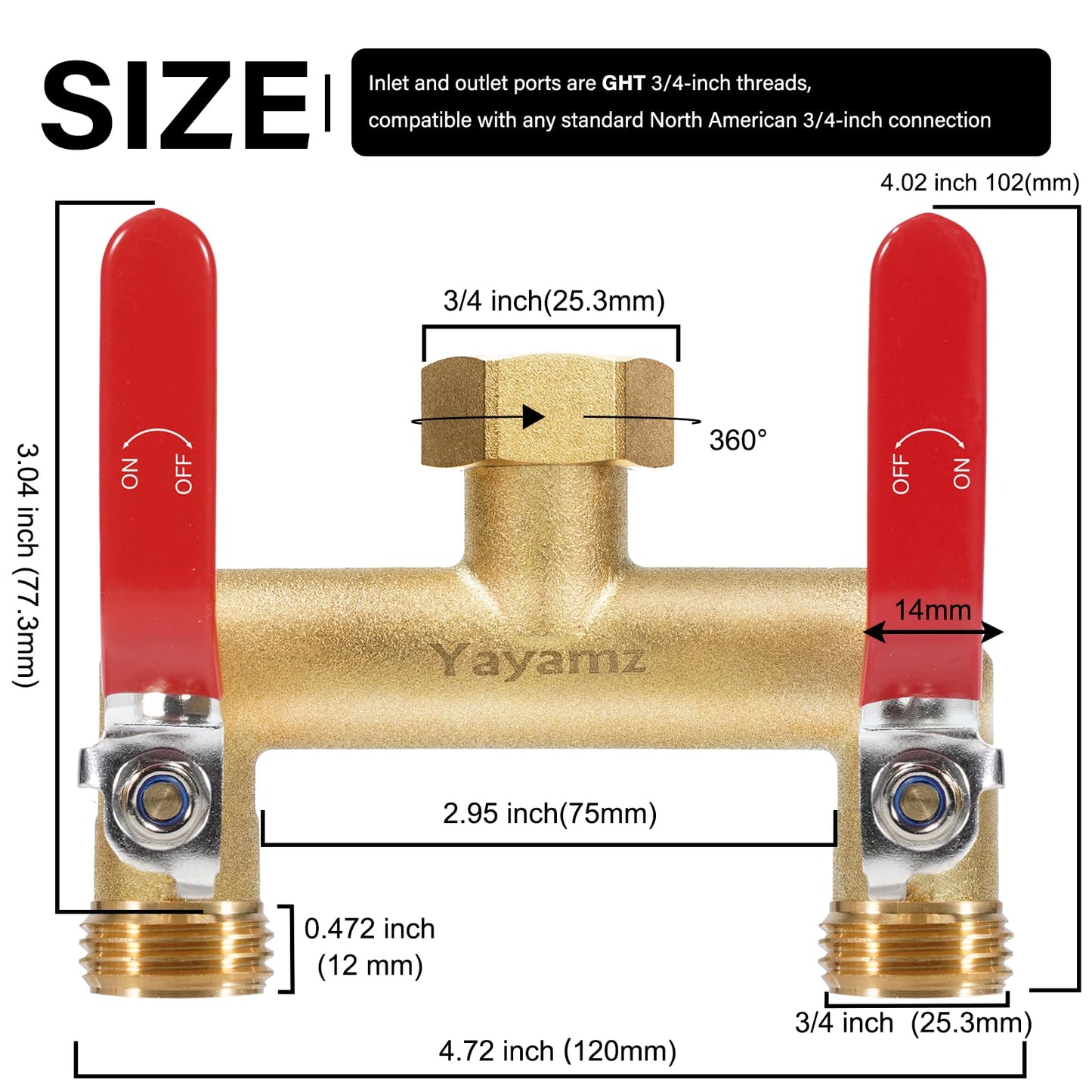 Yayamz 2-Way Garden Hose Splitter, Heavy Duty Brass Rustproof Faucet Manifold, 3/4” Frostproof Outdoor Hose Adapter Connector, Hose Faucet Adapter with 2 Large Red Extension Handles