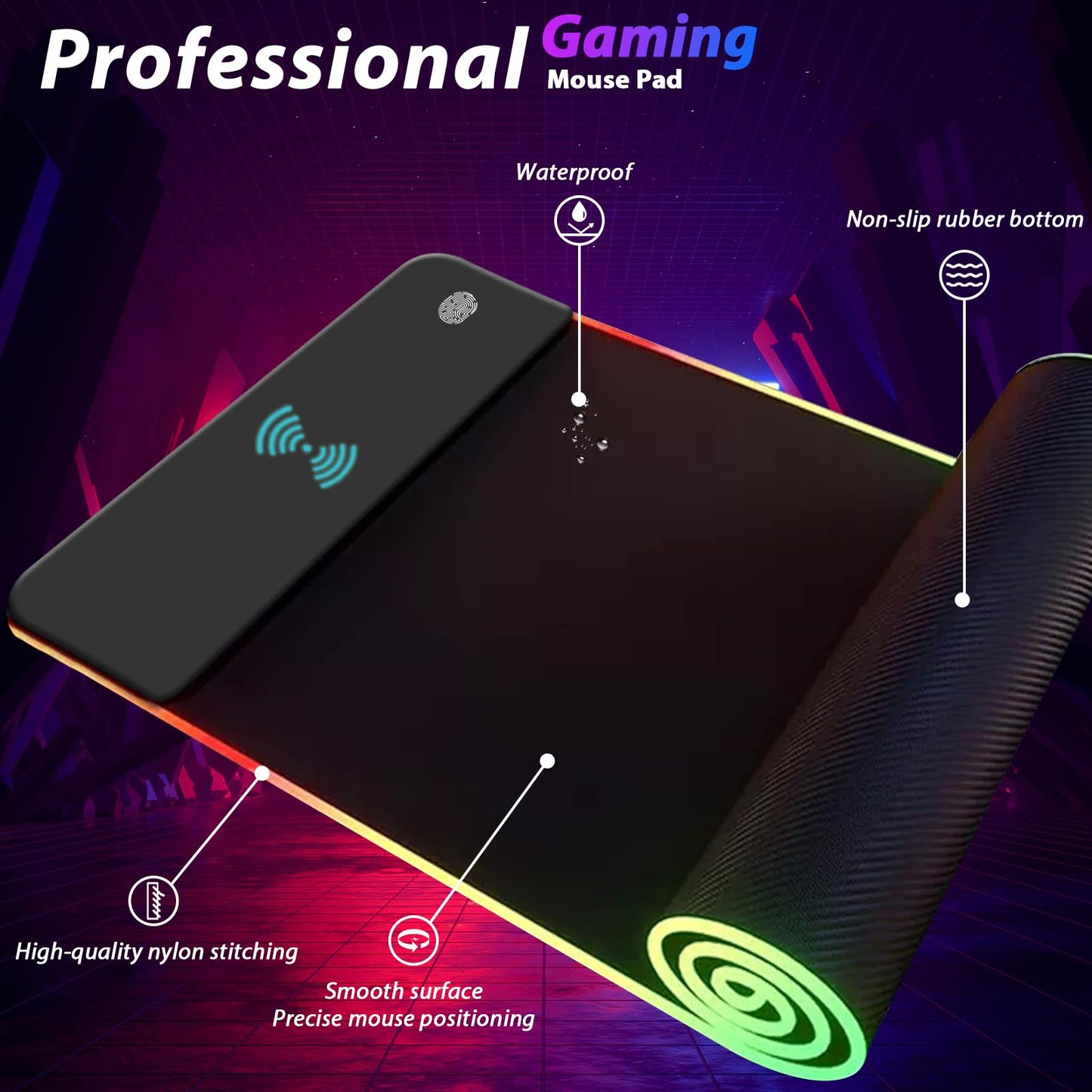 Wireless Charging RGB Gaming Mouse Pad, LED Mouse Pad 800x300x4MM, 14 Light Modes Extra Large Mousepad Non-Slip Rubber Base RGB Desk Mat for Gaming, MacBook, PC, Laptop, Desktop Acessories