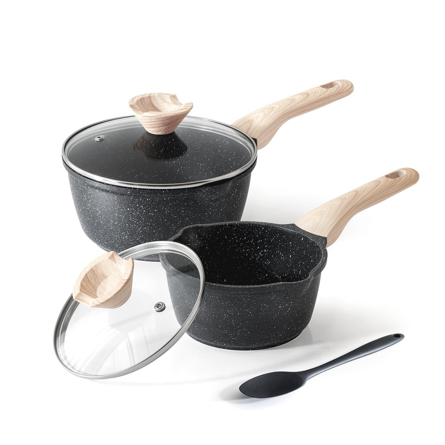 Kordisen Sauce Pan Set with Lid, 1.5Qt & 2.5 Qt Nonstick Saucepan Non Stick Sauce Pots Cooking Pot with Pour Spout, Easy to Clean, Small Kitchen Pots Induction Pot, PFOA Free (Black)