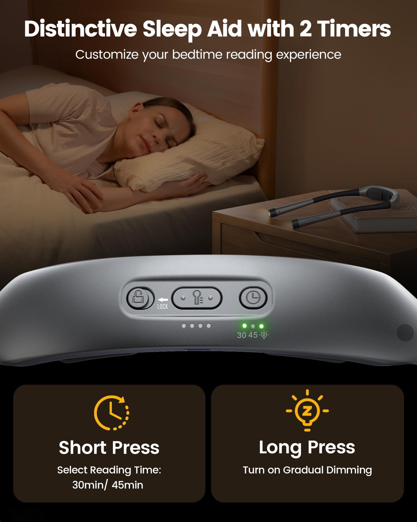 Glocusent Rechargeable Reading Light, 1600mAh Book Light - 3 Colors & 5 Stepless Brightness, Neck Light with Timers & Sleep Aid, Travel Lock, Ergonomic Design, Perfect for Reading, Knitting & Craft
