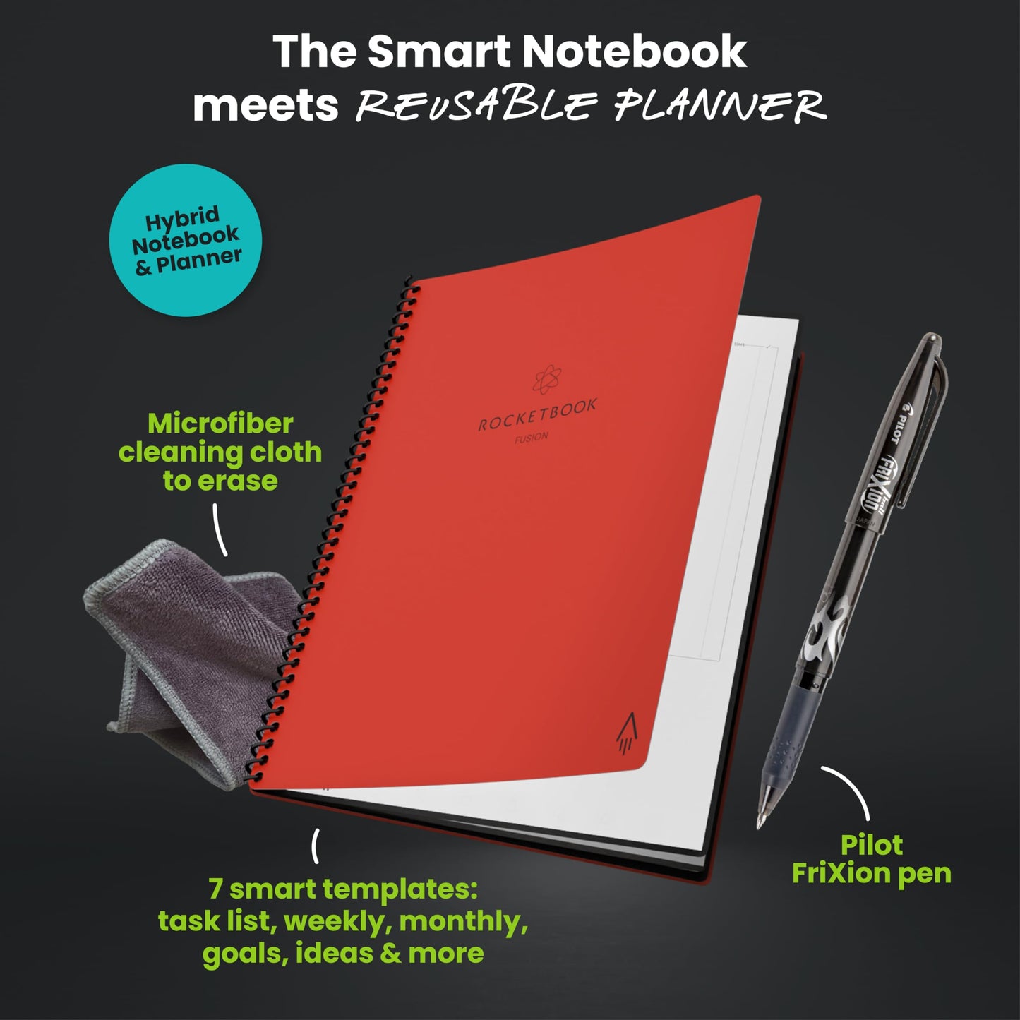 Rocketbook Fusion Smart Reusable Notebook - Calendar, To-Do Lists, and Note Template Pages with 1 Pilot Frixion Pen and 1 Microfiber Cloth Included - Deep Space Gray Cover, Executive Size (6" x 8.8")