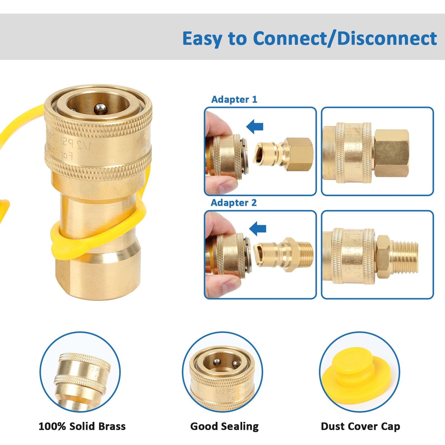 ATKKE 1/2" QDD LP Natural Gas Quick Connect Fittings Kit, Natural and Propane Gas Hose Quick Connect/Disconnect Plug Set, 100% Solid Brass with Dust Cover