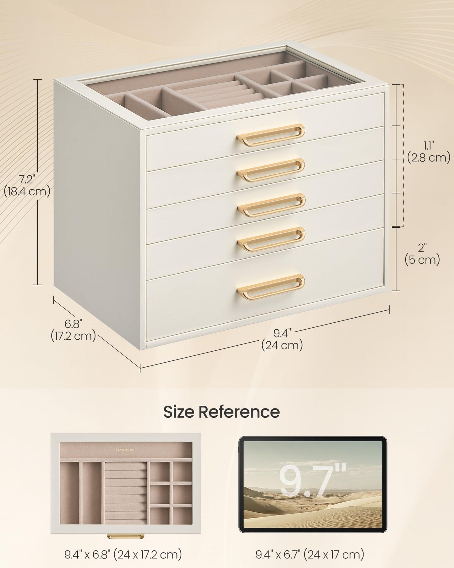 SONGMICS 5-Layer Jewelry Box with Glass Window, Jewelry Storage Organizer with 5 Drawers, Golden Handles, for Rings, Earrings, Bracelets, Gift Idea, Cream White, 6.8 x 9.4 x 7.2 Inches UJBC205WD01S