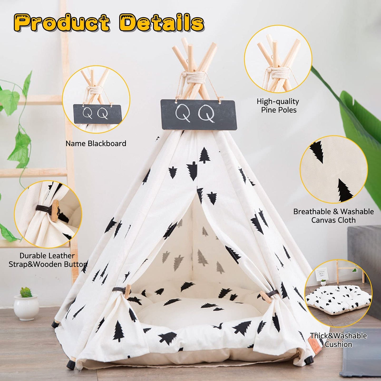 Pet Teepee for Dogs/Puppy and Cats with Thick Cushion Portable 24in Pet Tent with Blackboard Pet Houses Bed for Small Puppy Dog Indoor Outdoor