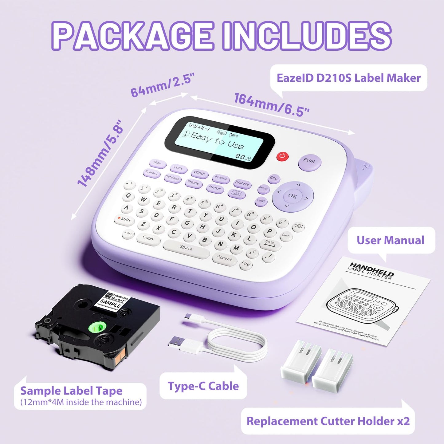 Label Maker Machine with Tape, Purple Label Maker Waterproof Labels, Portable Labeler for Teachers Kids Classroom Use, Desktop Labeler with Multiple Symbols & Fonts for Home Office School Use, D210S