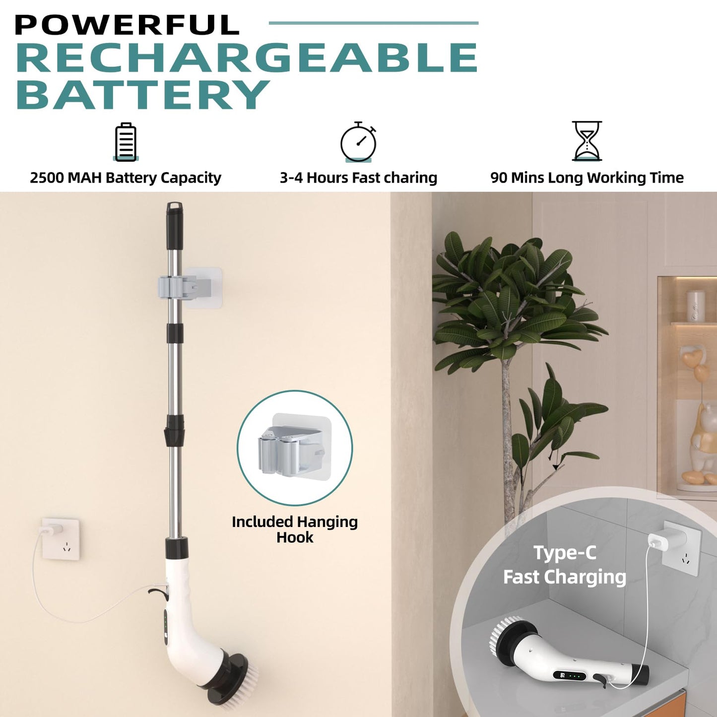 Electric Spin Scrubber for Cleaning, 9 in 1 Changeable Bathroom Scrubber with Power Display, Long Cordless Cleaning Brush, Cordless Shower Cleaner Brush for Bathtub Kitchen Wall Cleaning (Black&white)