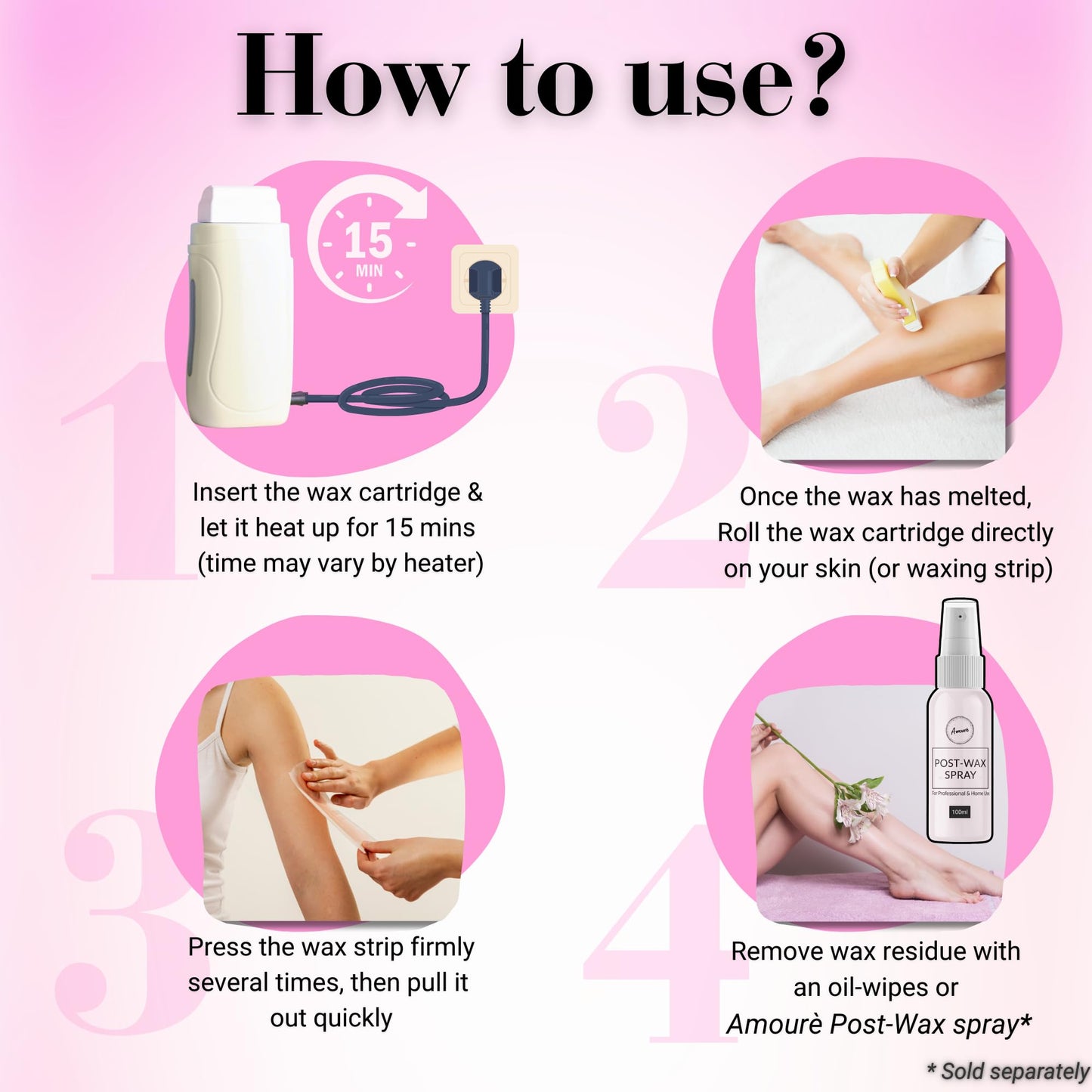 Amourè Roll-On Wax Kit – Honey Wax Cartridges Pack of 6 with 30 Free Strips | Professional Waxing Kit for Smooth Skin | Easy Roll-On Hair Removal for Women & Men