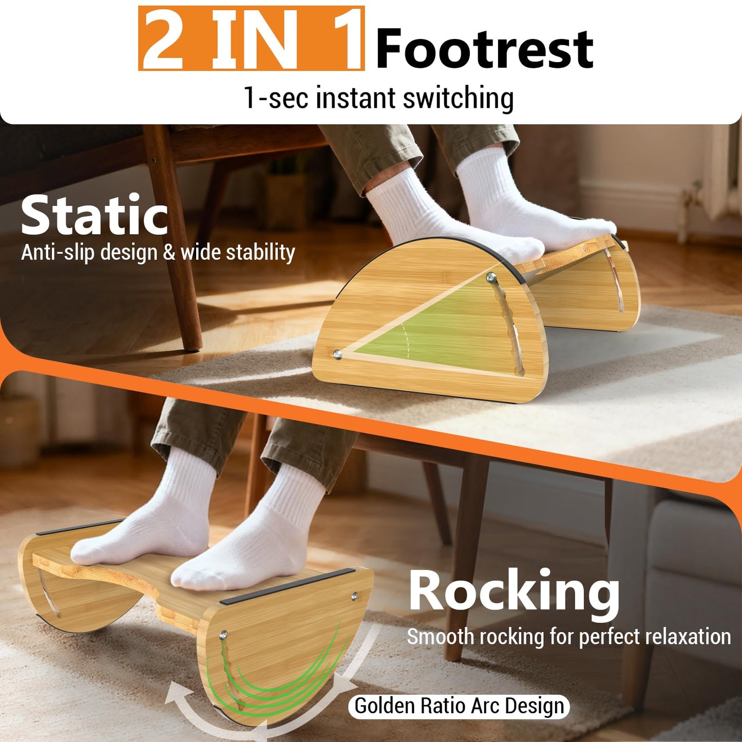 Bamboo Foot Rest Under Desk - Rocking Desk Foot Rest 2-in-1 with 6 Adjustable Heights, Ergonomic Footrest Under Desk with Anti-Slip Surface for Home, Office and Gaming