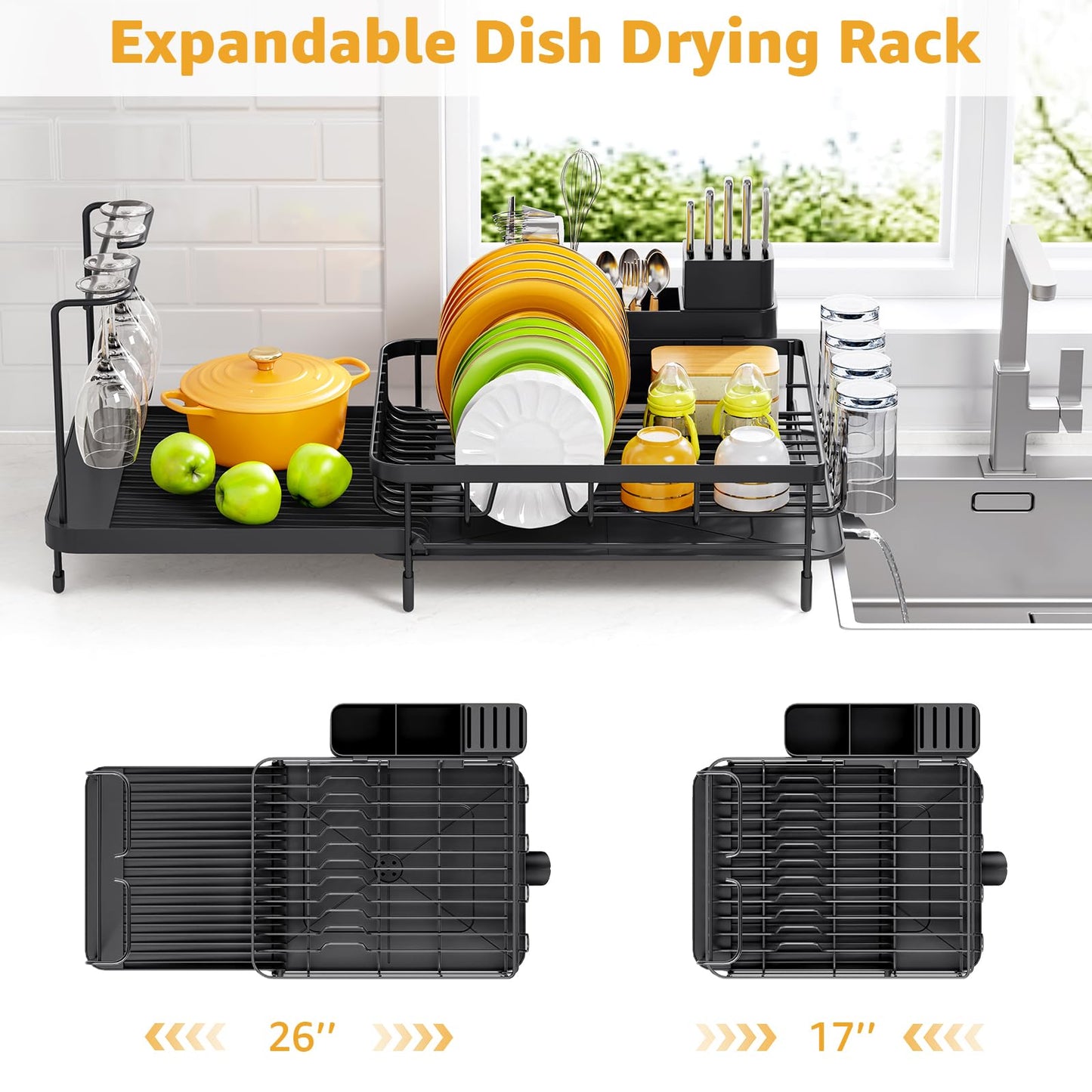 Urackify Large Dish Drying Rack, Expandable Dish Rack with Drain Board, Dish Drainer for Kitchen Couter, Dish Dryer Rack with Cups and Cutlery Holders, Matte Black