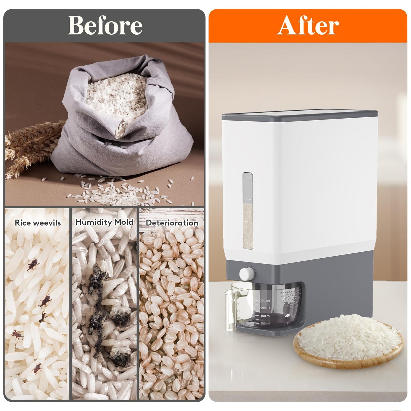 Lifewit Large Rice Dispenser Container 25.4 Lbs, Airtight Cereal Storage Containers with Measuring Cup, Sealed Moisture Proof Rice Bucket, Dry Food Grain Flour Soybean for Kitchen Household, BPA-Free