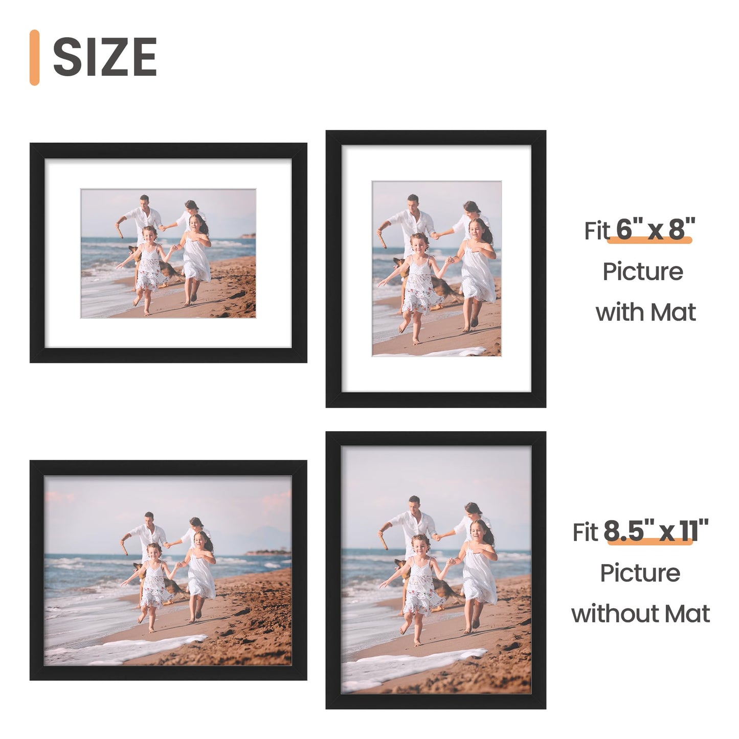 upsimples 8.5x11 Picture Frame Set of 10, Display Pictures 6x8 with Mat or 8.5x11 Without, Multi Photo Frames Collage for Wall or Tabletop Display, Black