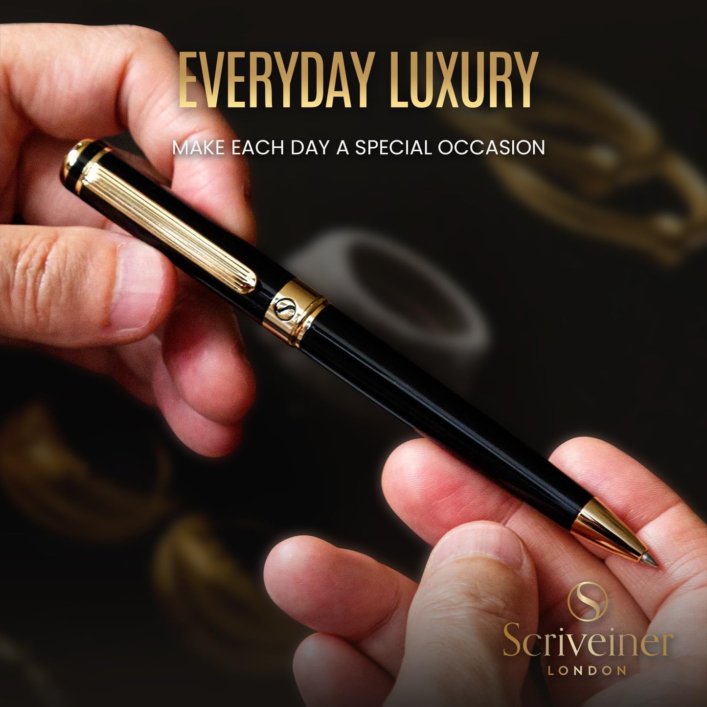 Scriveiner Black Lacquer Ballpoint Pen - Stunning Luxury Pe, Real Gold Plating, Schmidt Black Refill, Best Ball Pen Gift Set for Men & Women, Professional, Executive, Office, Nice Pens