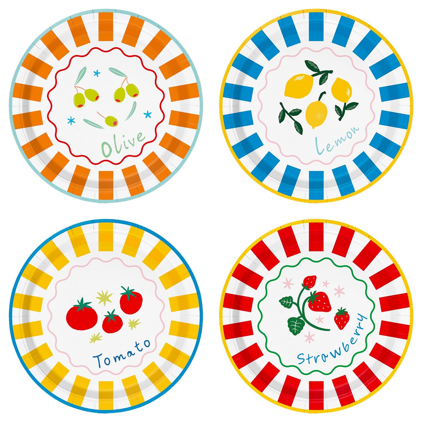 AnyDesign 40Pcs Italian Summer Paper Plates Party Plates 9 Inch Cute Fruit Striped Disposable Dinner Dessert Plate for Birthday Baby Shower Party Supplies