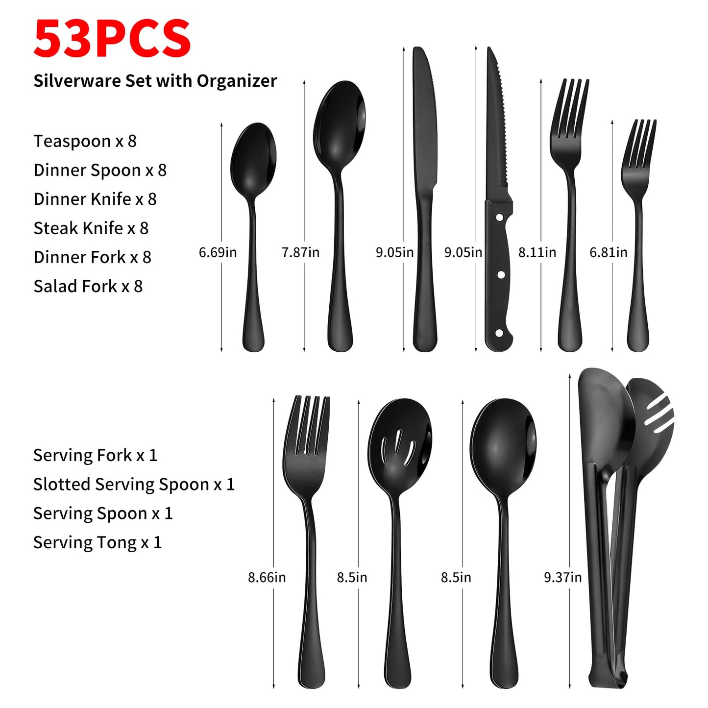 53PCS Silverware Set for 8 with Flatware Drawer Organizer, Stainless Steel Cutlery Set with Steak Knives, Include Spoons and Forks Set & Serving Utensils, Dishwasher Safe, Heavy Duty, Silver