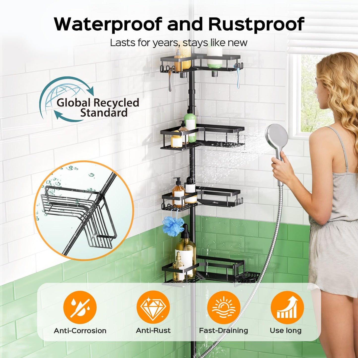 HAMITOR Corner Shower Caddy Tension Pole: Sturdy Stainless Steel Shower Organizer - 4-Tier Adjustable Large-Capacity Shower Shelf- No Drill Bathroom Organizers For Small Bathrooms - 47-121inch