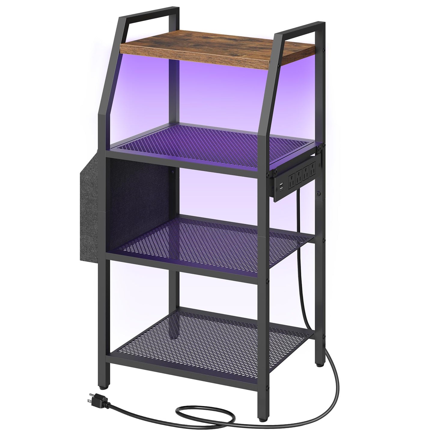 MAHANCRIS 4 Tier AV Media Stand with Power Outlet, LED Stereo Racks with Storage Bag, for Living Room & Studio, Record Player Stand, Speaker, Rustic Brown MSHR01E01