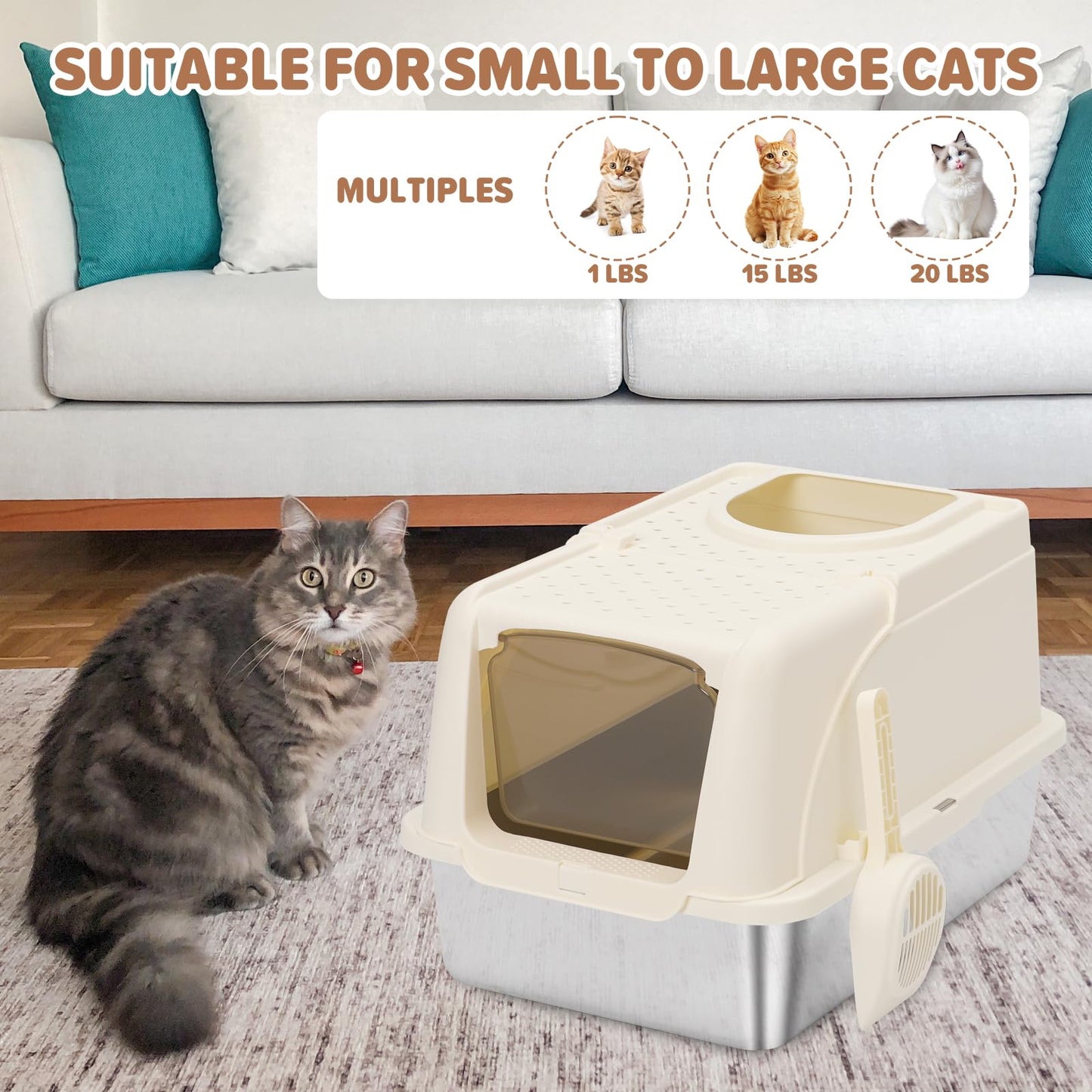 Stainless Steel Cat Litter Box with Lid, XXL Large Enclosed High Sided Litter Box with Removable Lid, Easy Cleaning, Anti-Urine Leakage for Big Cats White