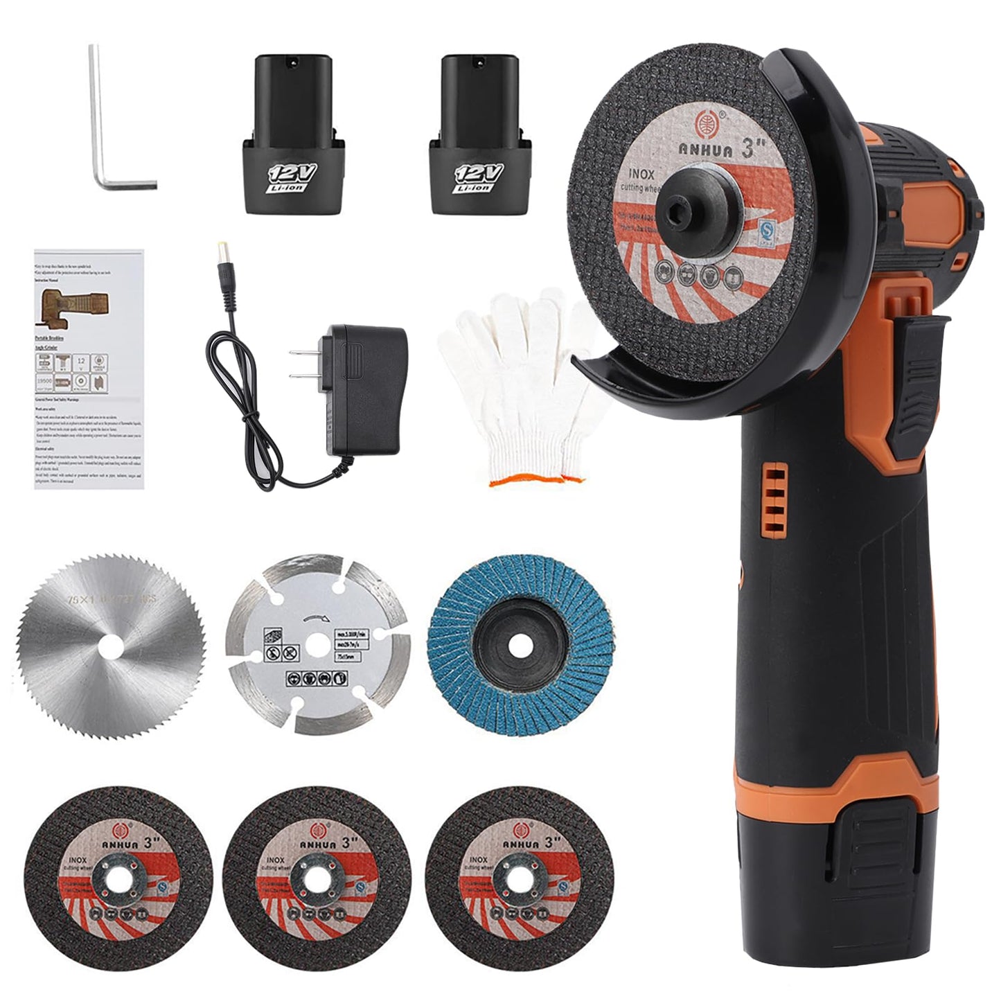 WODHMIEY Cordless Angle Grinder, Lightweight Brushless Motor, 19500RPM Venting Holes with Comfortable Rubber Handle for Grinding, Cutting, Polishing 75mm Blade Size