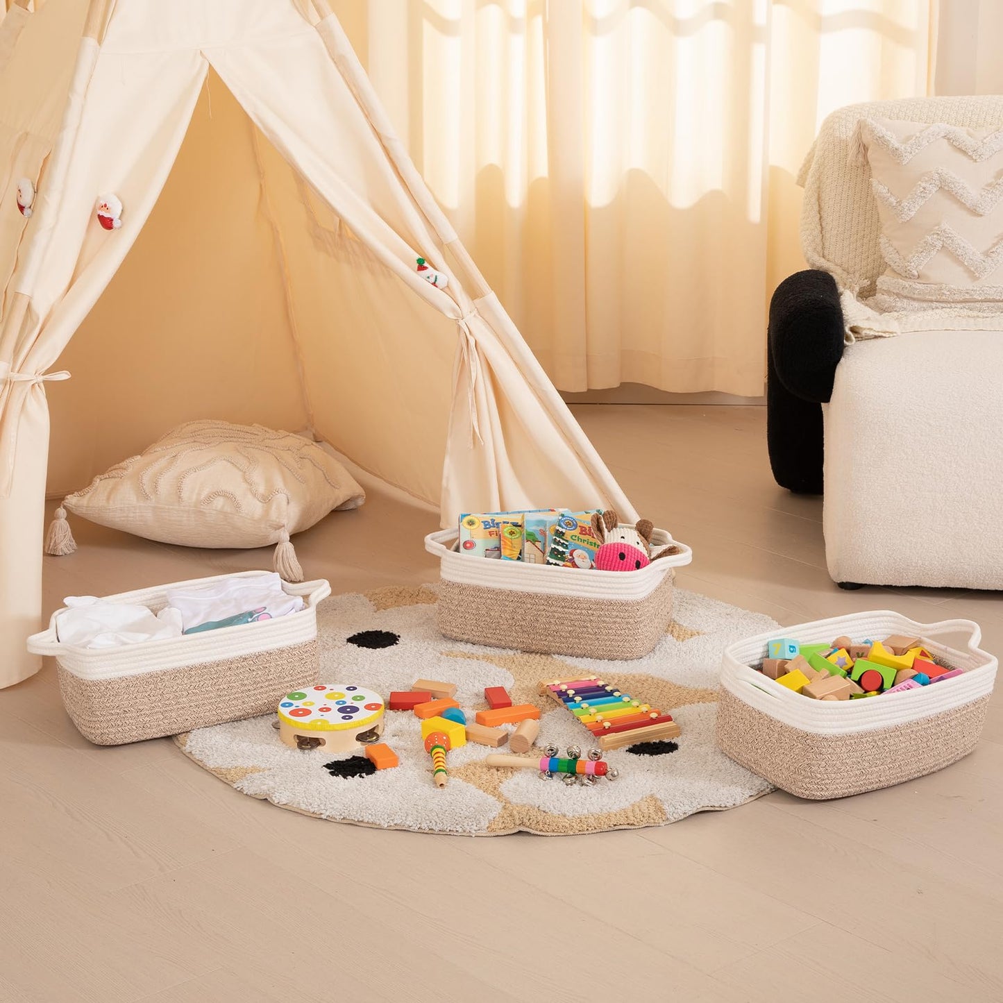 OIAHOMY 3 Pack Storage Baskets for Organizing, Cotton Rope Basket for Shelves, Closet Organizer Bins, Rectangle Small Baskets with Handles, Toy Basket, 13.78''×9.84''×5.5'', Brown & White