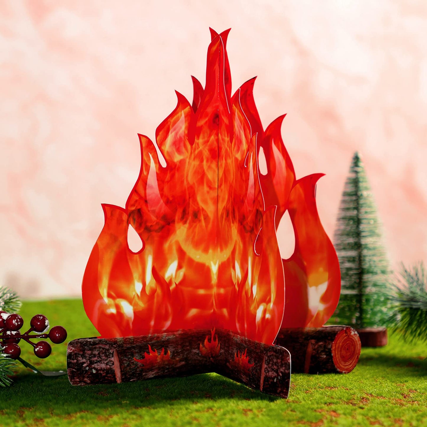 Boao 24 Set Fake Fire Campfire Camping Decoration Thanksgiving 3D Cardboard Centerpiece Artificial Flames Campfire Centerpiece Artificial Fire for Christmas Party Decorations(Red Orange)