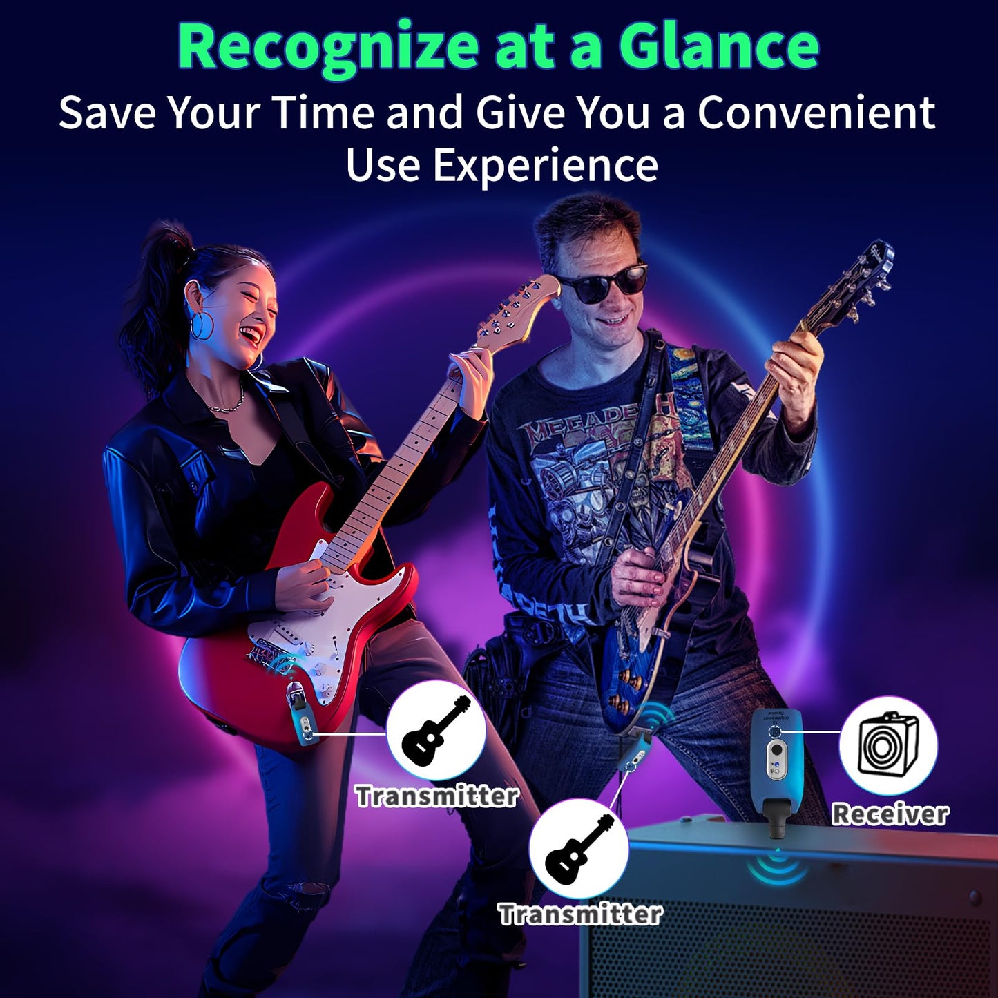 WENTELMUSIC A9 Wireless Guitar System - 2.4GHz, 24-bit 48KHz Audio, 100ft Range, No Latency, 4-Hour Rechargeable Battery, Blue, for Electric Guitar Bass(Blue(2TX+1TX))