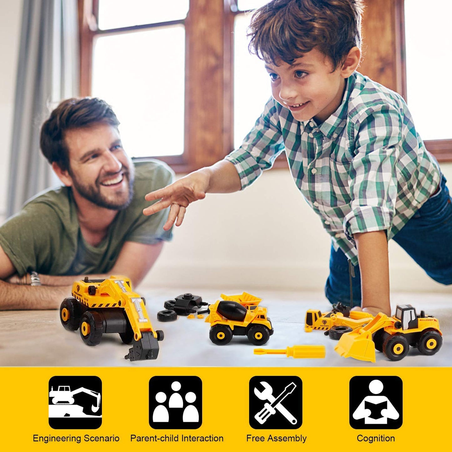 TEUVO Take Apart Truck Car Toys with Electric Drill, Construction Vehicles Building Excavator Toy STEM Trucks Vehicle Set for Kids, DIY Educational Gifts for Kids Ages 3 4 5 Boys Girls