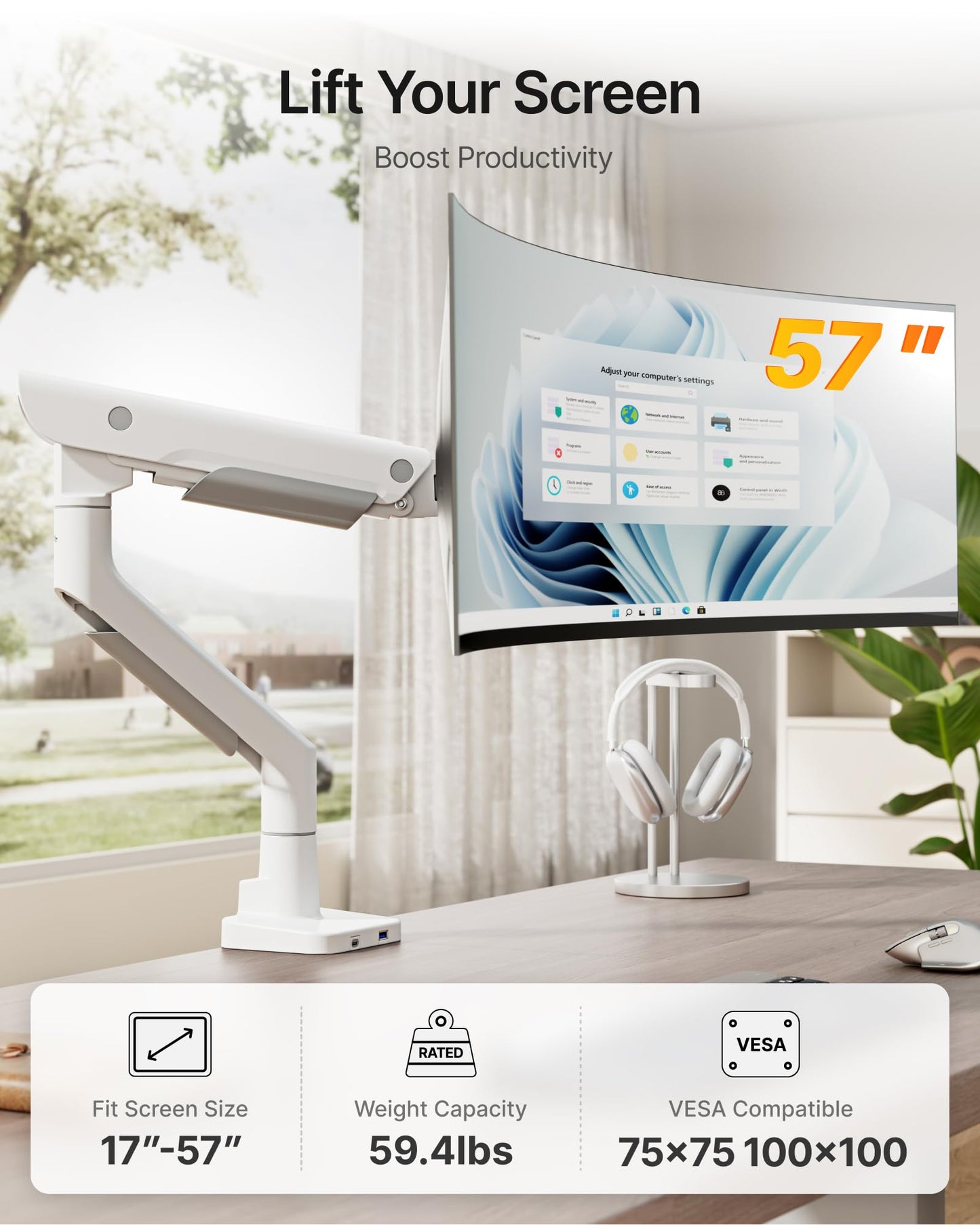 monTEK Premium Aluminum Monitor Arm for 17–57” Ultrawide Screens up to 59 lbs, USB 3.0 Single Desk Mount with Adjustable Gas Spring, Quick-Release Plate, 10-Min Assembly, Clamp/Grommet, VESA 100x100