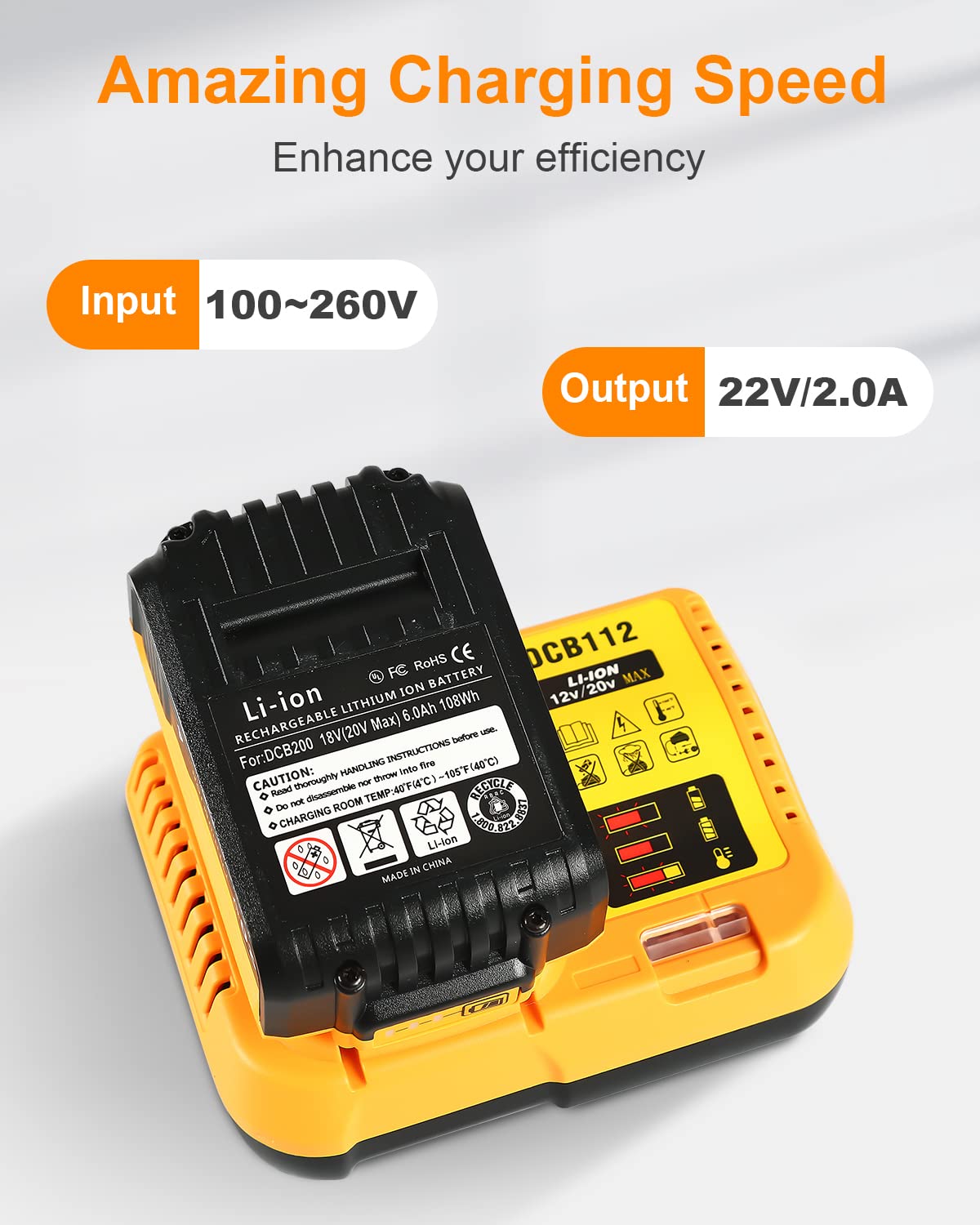 Replacement for Dewalt 20V Max Battery Charger DCB112, Compatible with Dewalt 12V 20V Max Lithium Battery DCB203 DCB204 DCB205 DCB205 DCB120 DCB123 DCB125 DCB127 DCB112 DCB115 DCB118 DCB102 DCB104