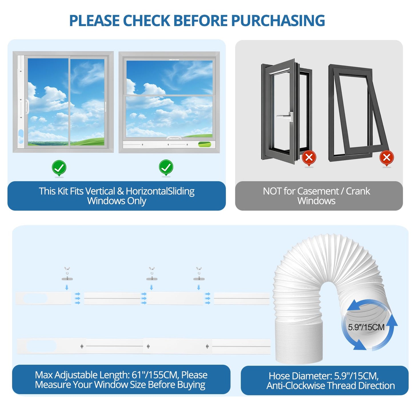 CRZFRI Portable AC Window Vent Kit, Universal Portable Air Conditioner Window Kit with 5.9x78.7 inch Anti-Clockwise Exhaust Hose, 3.9" W Adjustable Window Seal for Sliding Windows
