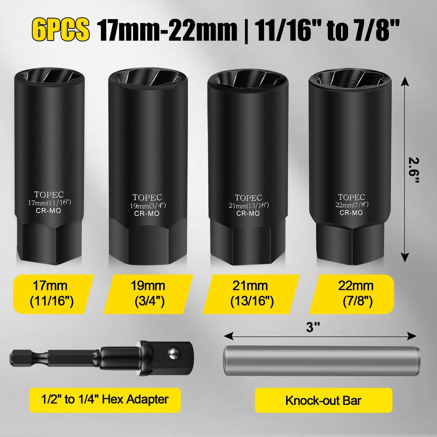 TOPEC 6PCS Deep Lug Nut Remover Heavy Duty, 1/2" Drive Impact Wheel Lock Removal Kit, Lug Nut Removal Tool for Stripped, Damaged, Rounded Bolts, Nuts 、