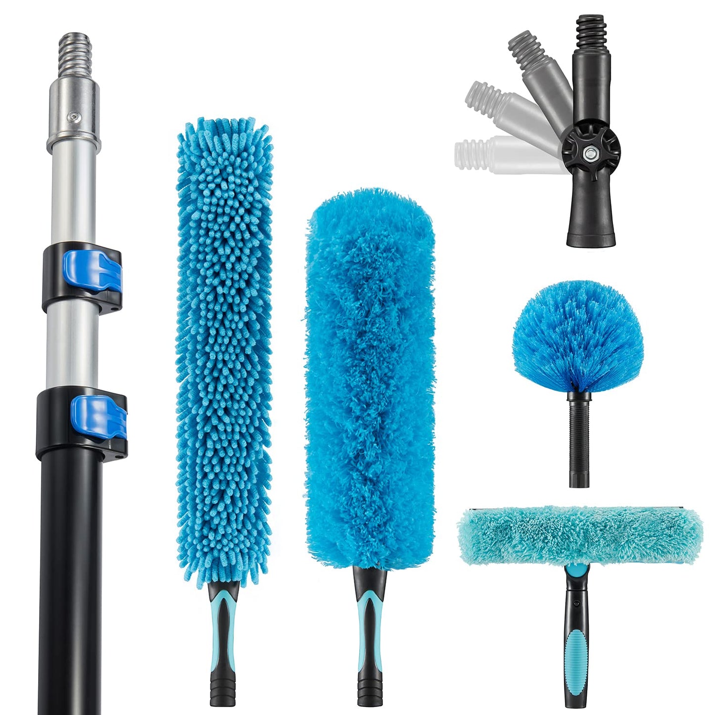 Hicavar 20 Foot High Ceiling Fan Duster with 5-12 Foot Extension Pole, Extendable Reusable Cobweb, Feather, Window Cleaning Squeegee Kit