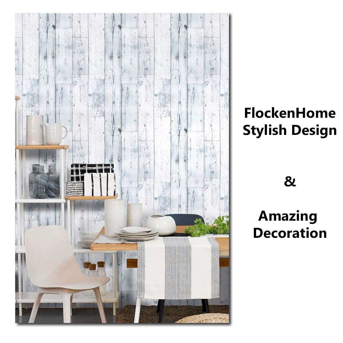 FlockenHome 17.7"x 472" Peel and Stick Wallpaper Self-Adhesive Shiplap Light Grey/White Distressed Wood Plank Removable repasted Decorative