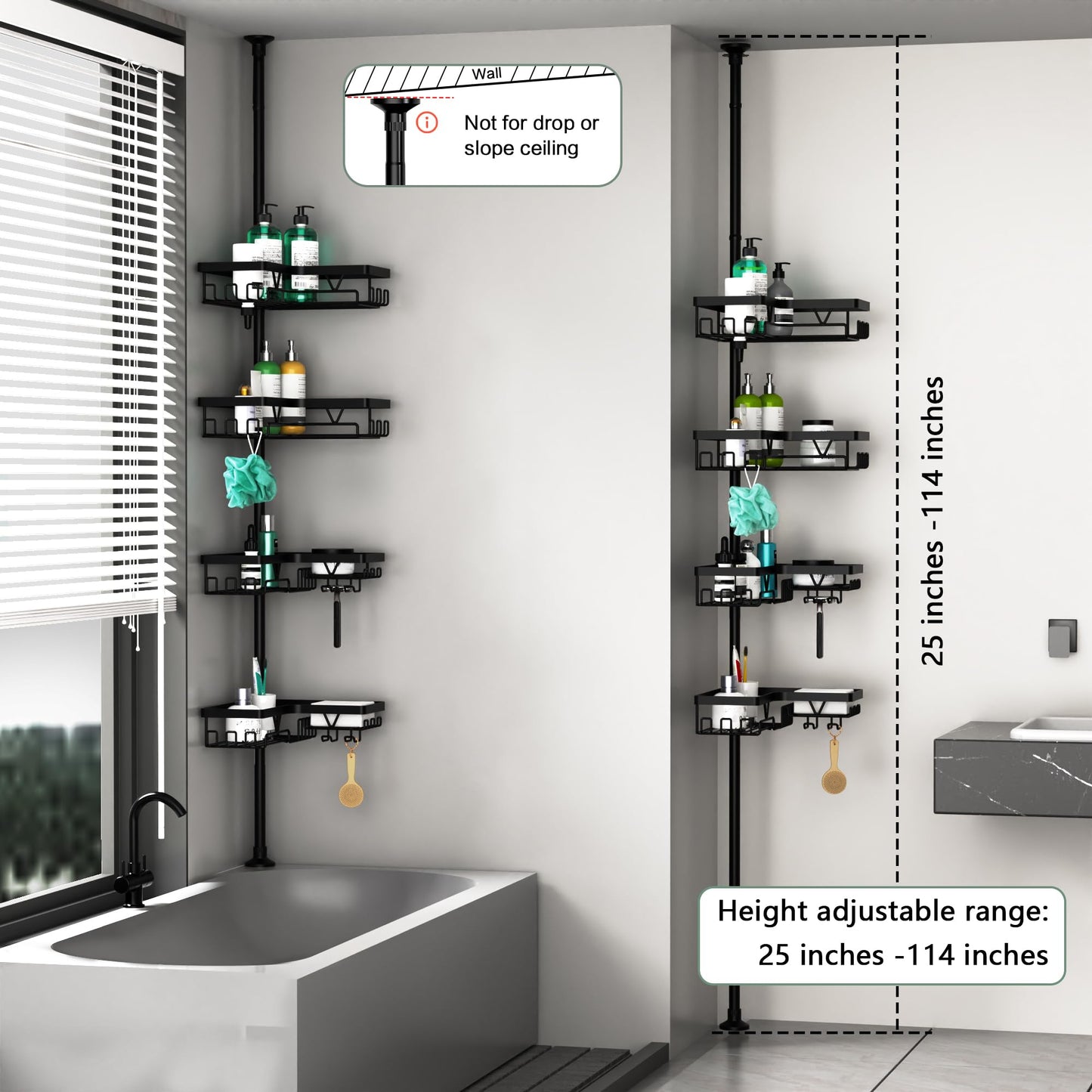DAOYA Corner Shower Caddy Tension Pole - 4 Tier Stainless Steel Rustproof Shower Corner Caddy for Bathtub Bathroom Shower Organizer Shelves Adjustable Pole 25-114.2 Inch Black