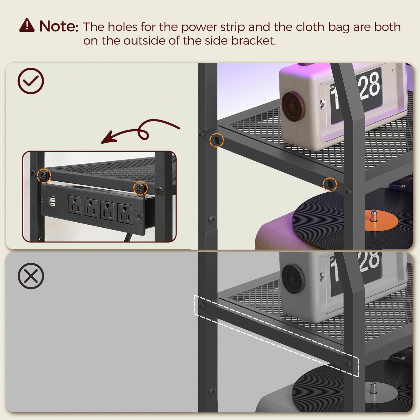 MAHANCRIS 4 Tier AV Media Stand with Power Outlet, LED Stereo Racks with Storage Bag, for Living Room & Studio, Record Player Stand, Speaker, Rustic Brown MSHR01E01