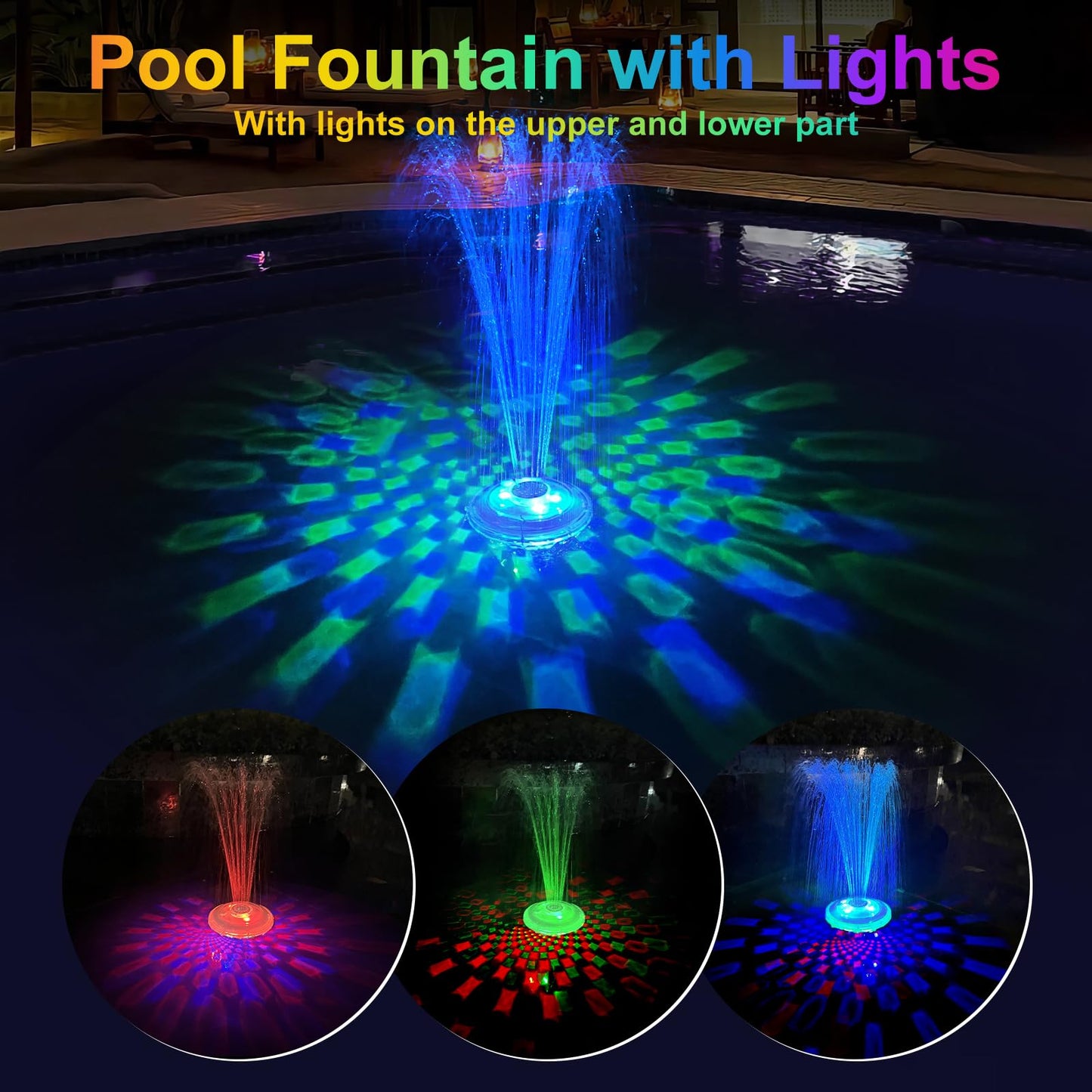 LanAqua Floating Pool Fountain with Underwater Light Show,Pool Water Fountain Rechargeable Battery Powered,2 Spray Modes Pool Fountain Pump,Pool Fountains for Inground Above Ground Pools-1PC