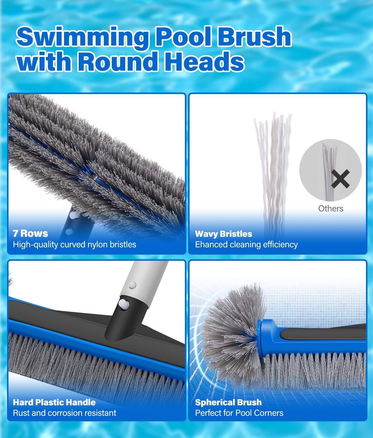 4-in-1 Deluxe Pool Cleaning kit, Pool Cleaning Tools -13.4'' Fine Mesh Skimmer Net with 10Ft Adjustable Pole, 17.3'' Swimming Pool Brush & Extra Brush Head for Cleaning Inground & Above Ground Pools