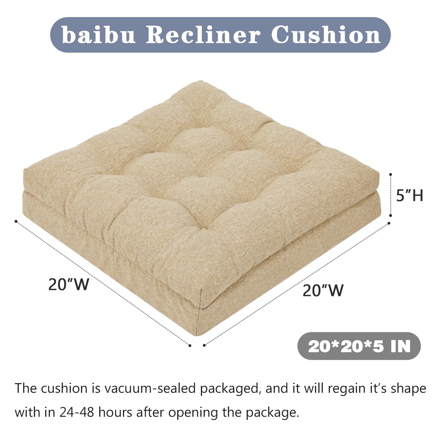 baibu Extra Large Memory Foam Recliner Cushions for Elderly, 20x20x5 Inch Thick Dual-Layer Patent Design Non-Slip Recliner Seat Cushion for Couch for Easy to Stand Up & Reduce Hip & Lumbar Pain, Beige