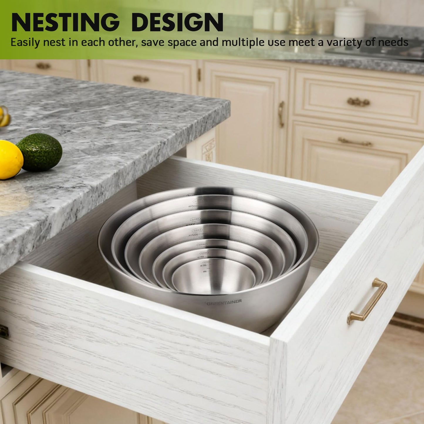 7-Piece Stainless Steel Mixing Bowls Set for Kitchen, Nesting Bowls for Mixing, Baking, Prepping, Cooking and Serving Food, Metal Mixing Bowls Dishwasher Safe (7)