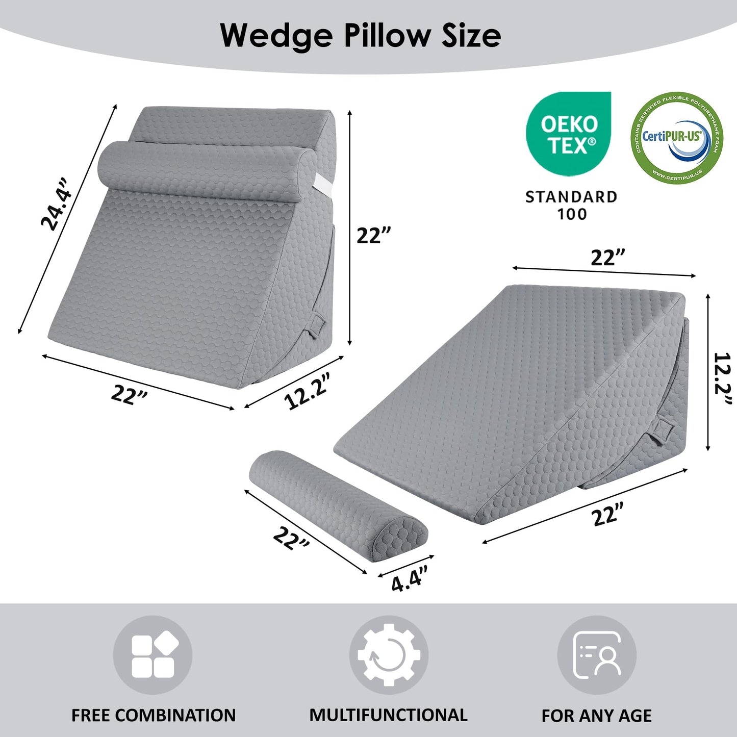 Bed Wedge Pillow for Sleeping, Adjustable 7 &12 Inch Foam Wedge Pillow for Post Surgery, Elevated Triangle Pillow for Acid Reflux, Back Pain Relief, Leg Support，3pack