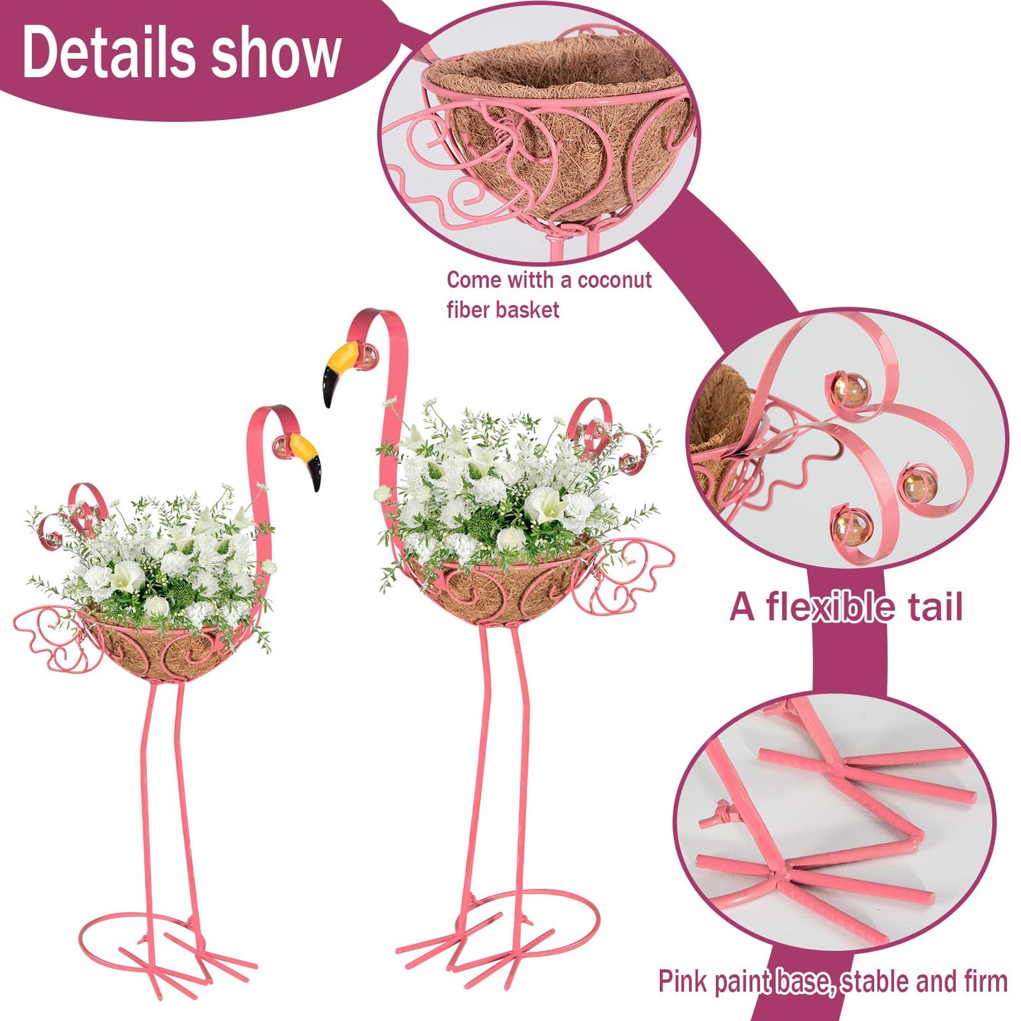 2Pack Metal Flamingo Planters Plant Pots, Pink Flamingo Flower Pots with Basket for Indoor Outdoor Garden Yard Patio Porch Decor (Pink)