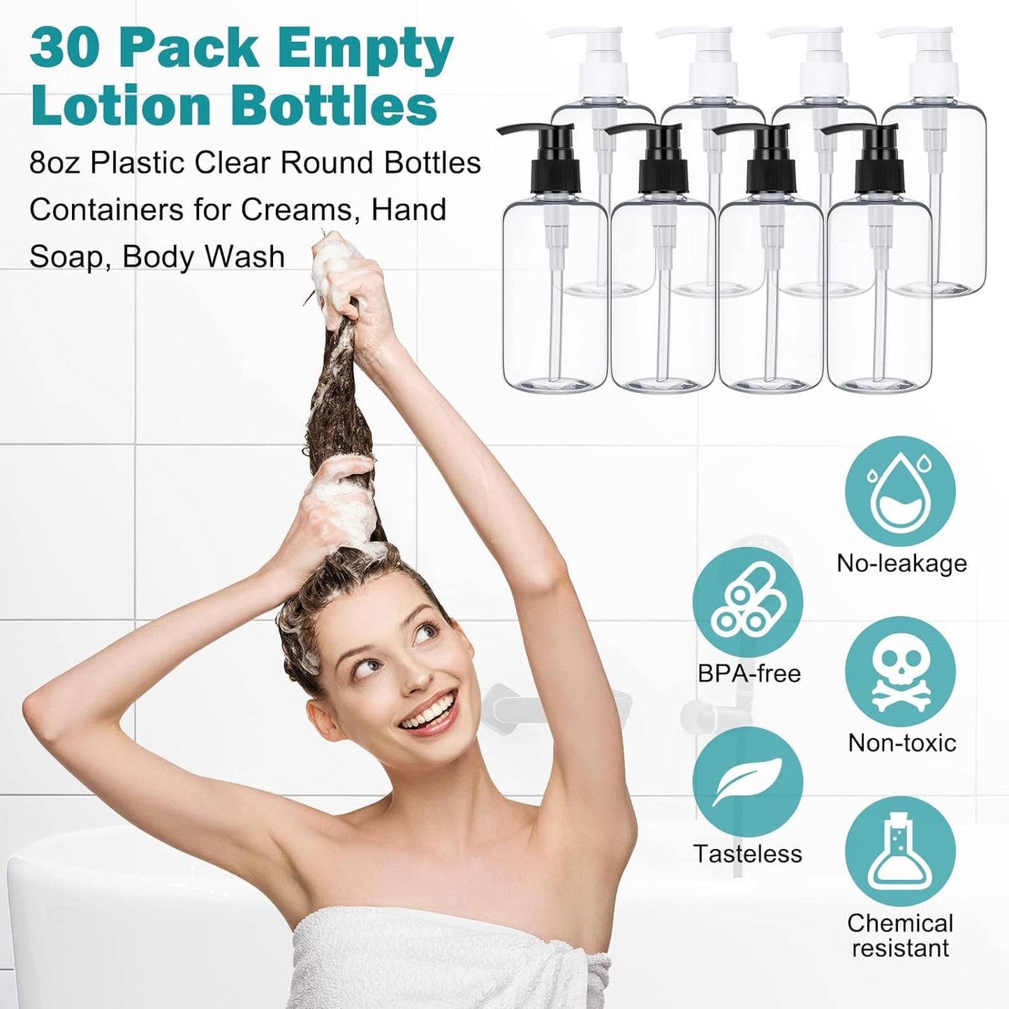 30 Pcs Refillable Empty Lotion Bottles 8oz/250ml Clear Plastic Pump Bottles Conditioner Shampoo Dispenser Leak Proof Black and White Pump Container for Body Wash, Creams, Liquid Soap