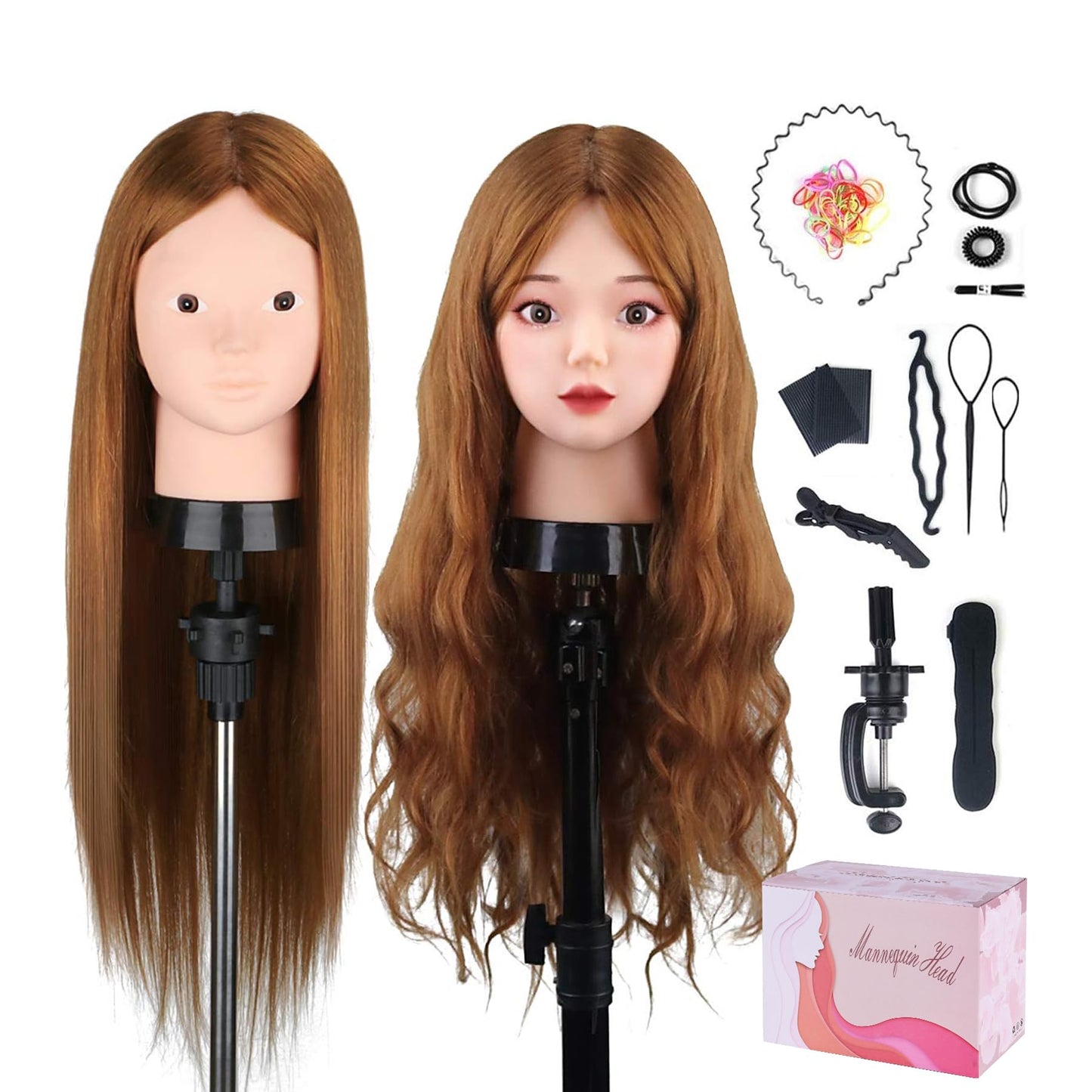 Beauty Star Mannequin Head with 80% Real Human Hair, Manikin Doll Head for Hair Styling, Cosmetology Makeup Hairdressing Training Practice Head with Clamp Stand and DIY Hair Styling Braiding Set
