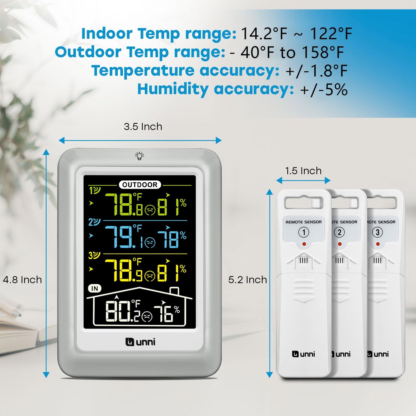 Weather Stations Indoor Outdoor Thermometer Wireless, 4.5 Inch Display Digital Hygrometer Thermometer Temperature Humidity Monitor with 330ft Range Sensor and Adjustable Backlight (Multi)