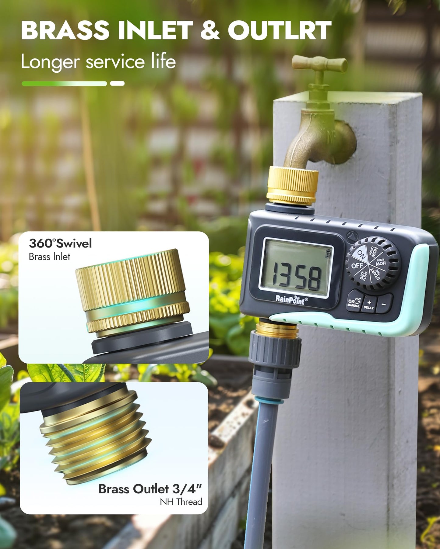 RAINPOINT Sprinkler Timer with Brass Inlet & Outlet, Programmable Hose Timer for Garden Hose, Water Timer with Rain Delay/Manual Watering System, Digital Irrigation Timer for Yard, Lawn