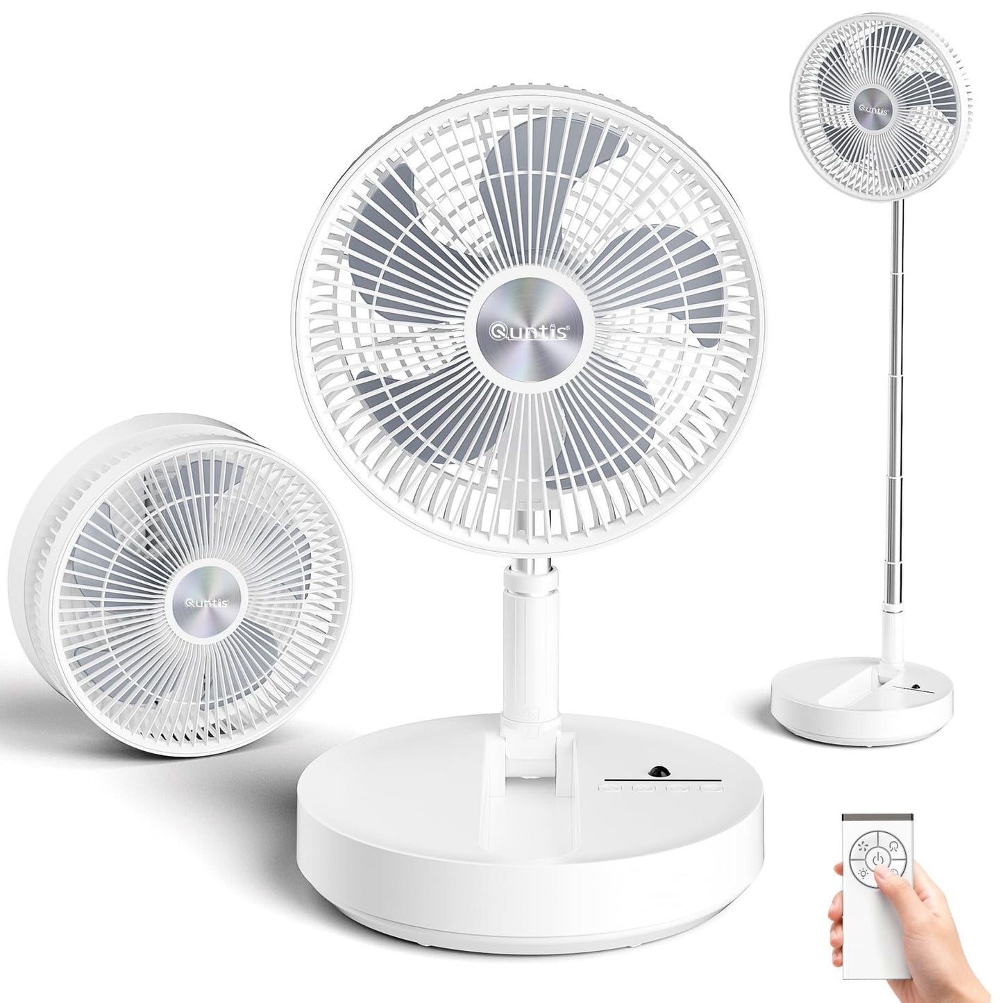 Quntis 10" Foldable Floor Fan with Remote, Rechargeable 3-Adjust Height Standing Fan,Timer & 4-Speed Air Circulation Quiet Oscillating Fan, Portable Pedestal Fan for Home Bedroom Office Travel, White