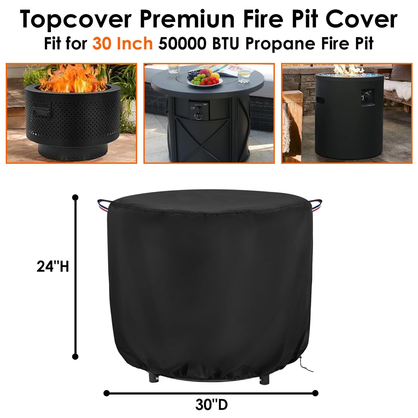 Topcover Fire Pit Cover Round,600D Waterproof Outdoor Propane Firepit Cover For 30 Inch Gas Fire Table,Patio Round Fireplace Cover - 30"D x 24"H