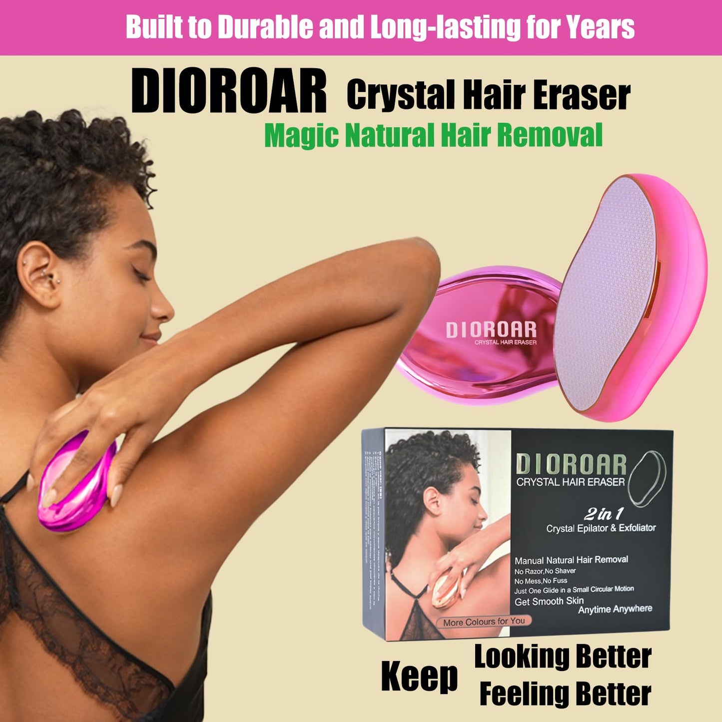 DIOROAR Crystal Hair Eraser,Upgrade Crystal Hair Remover,Physical Nano Glass Hair Removal Device,Painless Epilator and Exfoliator without Shaver for Quick Soft Silky Skin(Hot Pink)