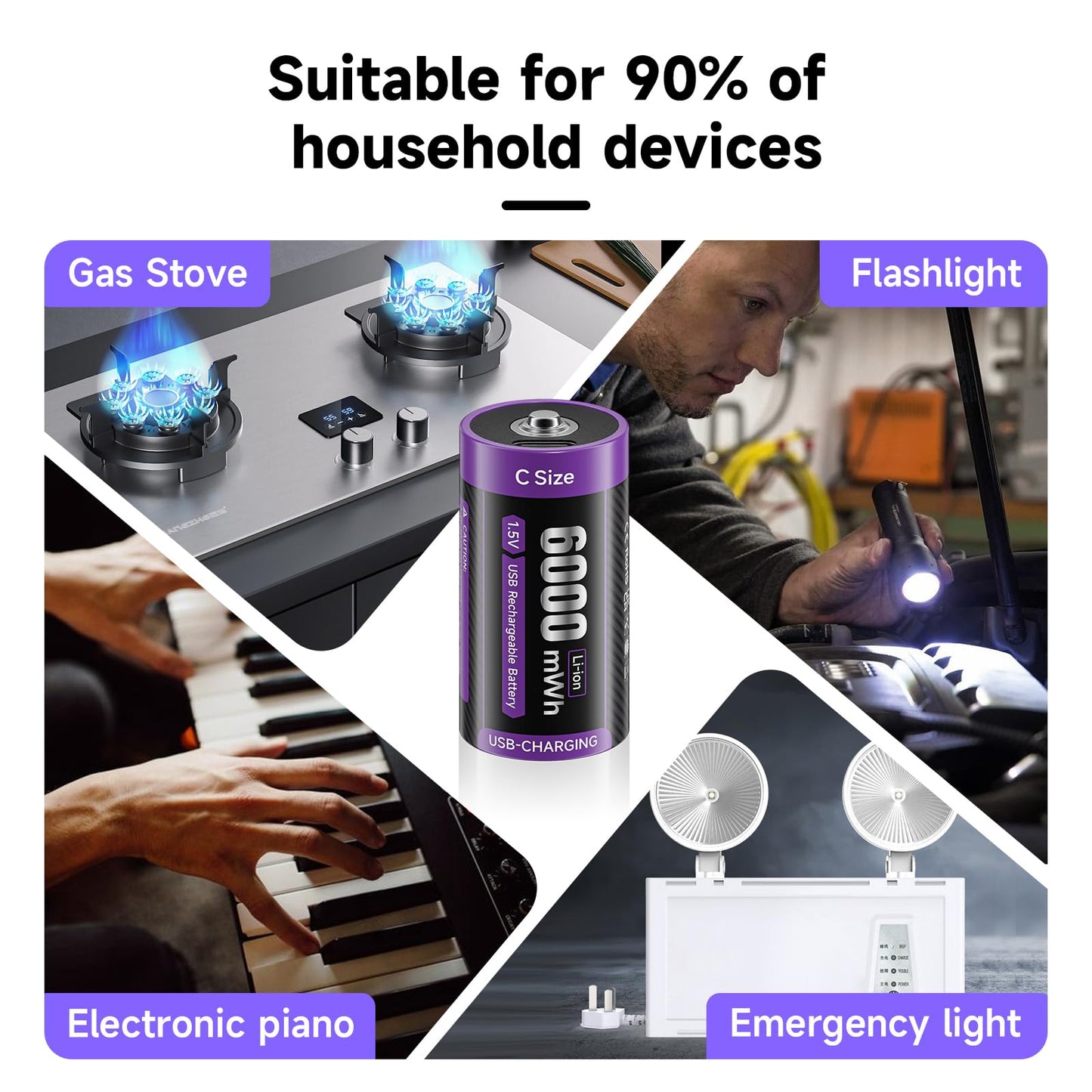Rechargeable C Batteries 4 Pack, 1.5V C/lr14 Cell Batteries with USB-C Charging Cable, 6000mWh Size C Battery for for Flashlights, Toys, Clocks