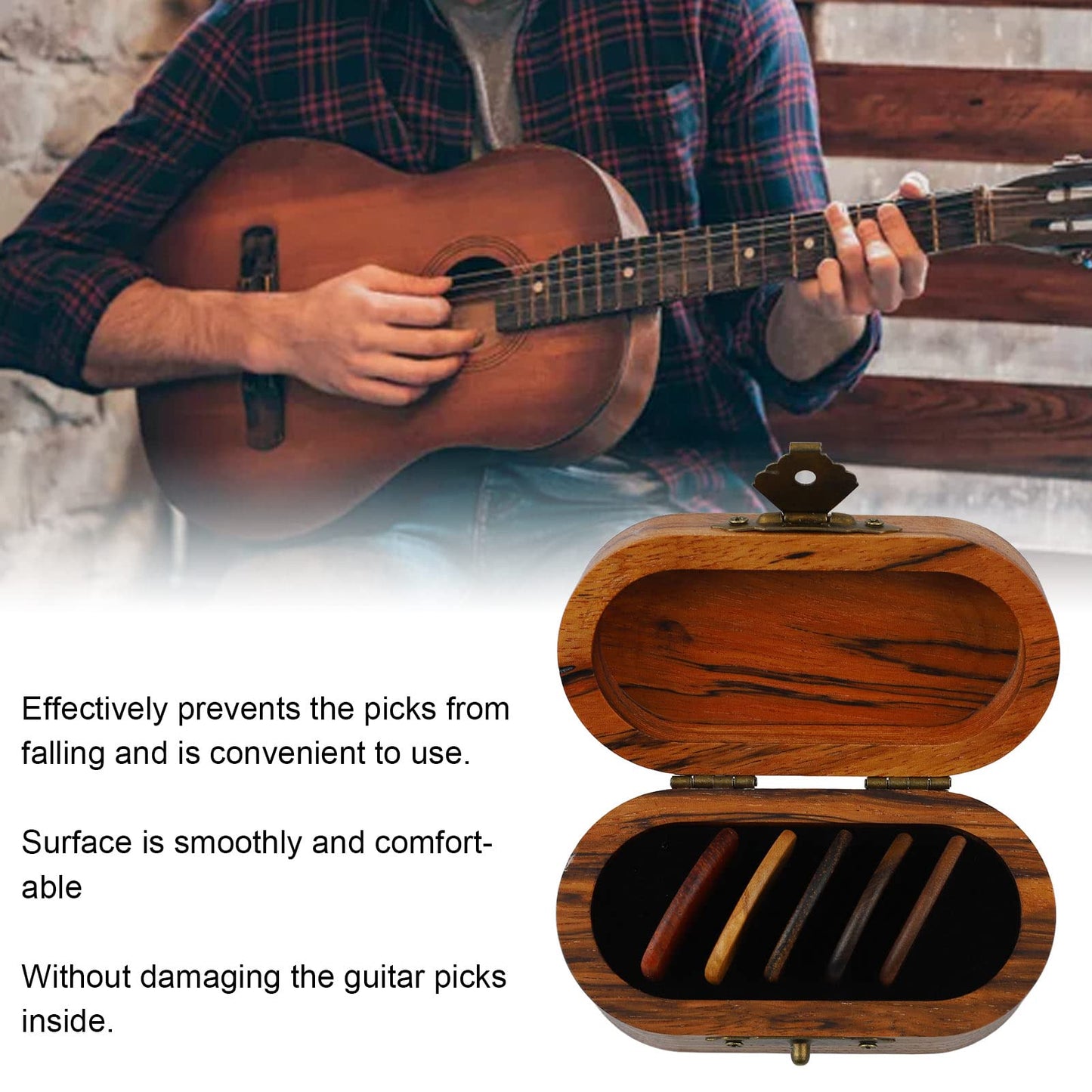 Wooden Pick Box with 5 Picks, and Lightweight, Ideal Gifts for Guitar Lovers, Suitable for Acoustic and Electric Guitars, Ukulele, Mandolin, Banjo